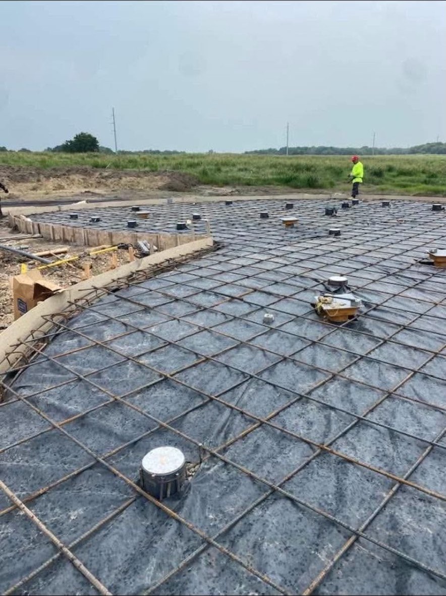 Rebar grid prepared for a concrete slab pour